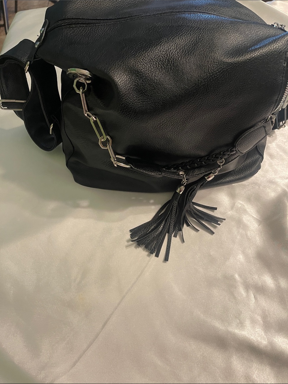 Black Leather Tassel Crossbody Bag - Women